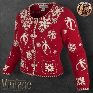Michael Simon Petite Small Red Snowflake Skiing Fair Isle Sweater Vintage 1995